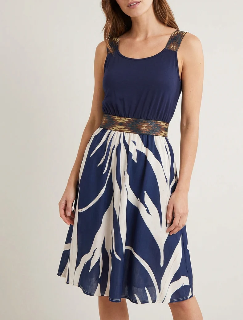 Robe imprimé graphique à taille élastiquée fantaisie - Marine