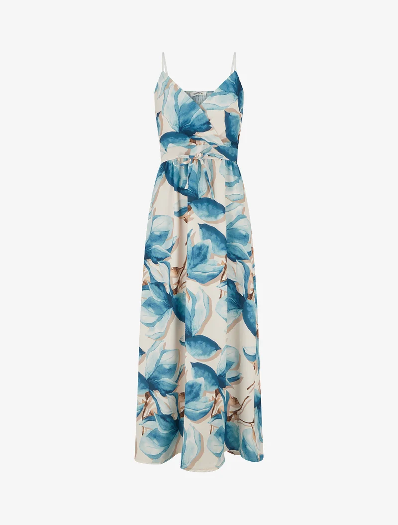 Robe longue à dos élastiqué imprimé fleuri - Bleu canard