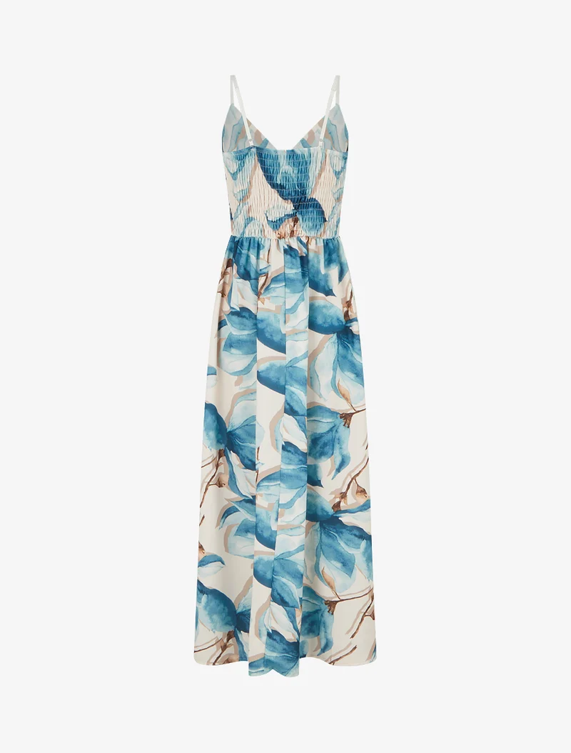 Robe longue à dos élastiqué imprimé fleuri - Bleu canard