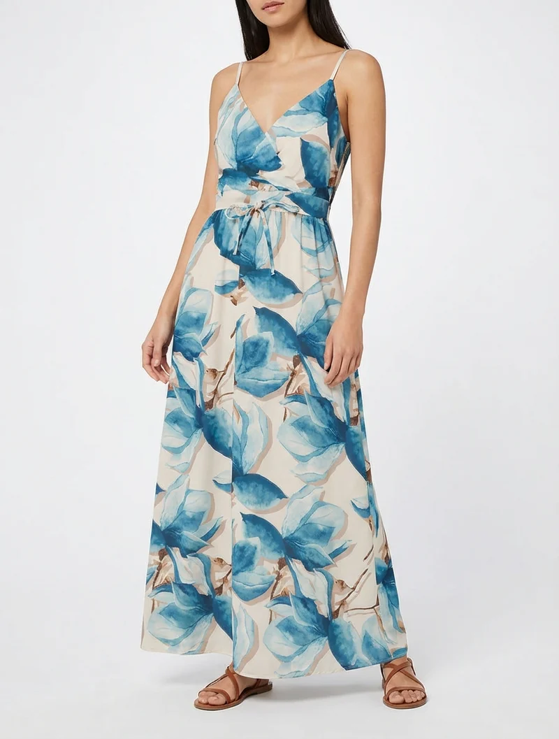Robe longue à dos élastiqué imprimé fleuri - Bleu canard