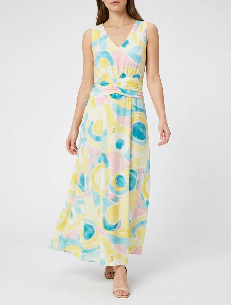 Robe imprimé abstrait à taille élastiquée - Jaune