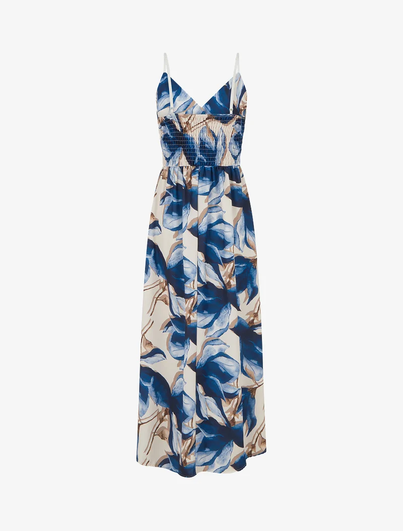 Robe longue à dos élastiqué imprimé fleuri - Marine