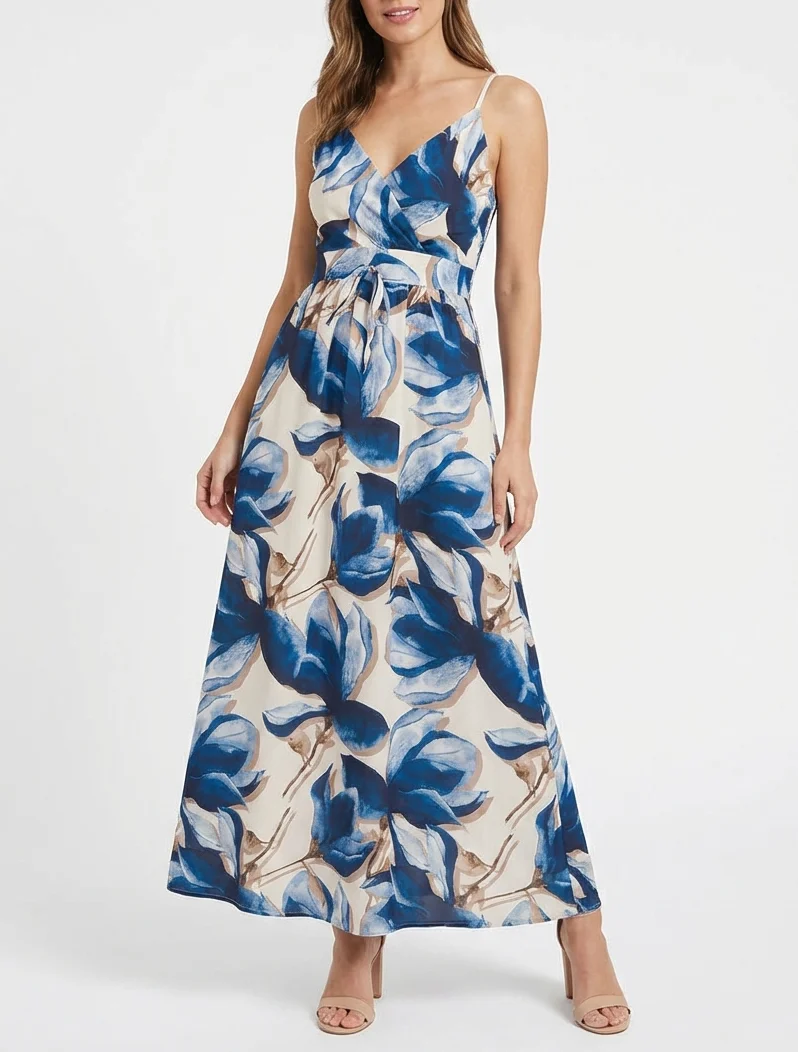 Robe longue à dos élastiqué imprimé fleuri - Marine