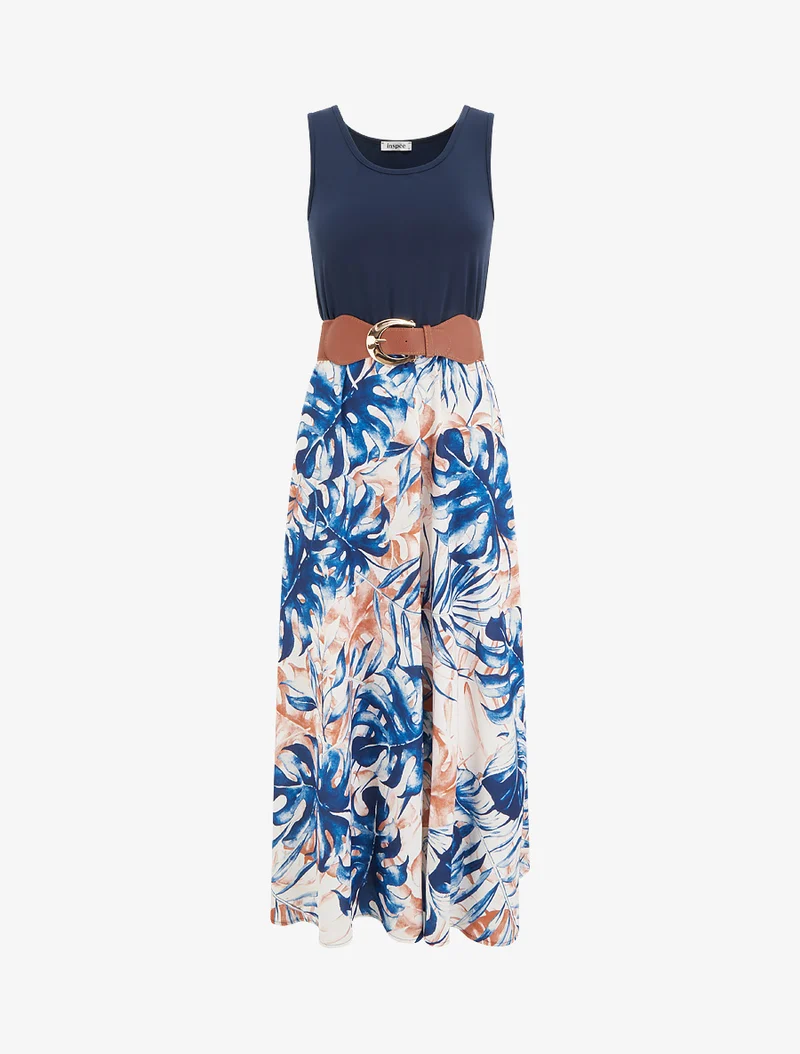 Robe longue à jupe imprimé feuillage - Marine