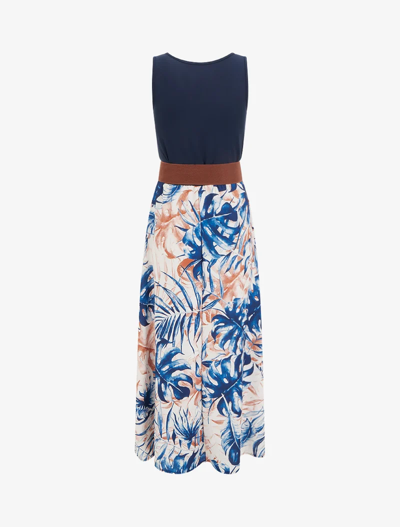 Robe longue à jupe imprimé feuillage - Marine