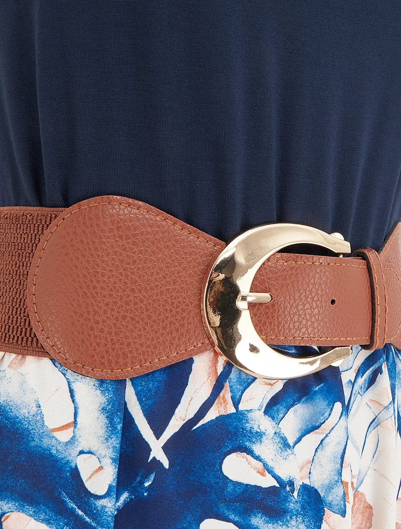 Robe longue à jupe imprimé feuillage - Marine