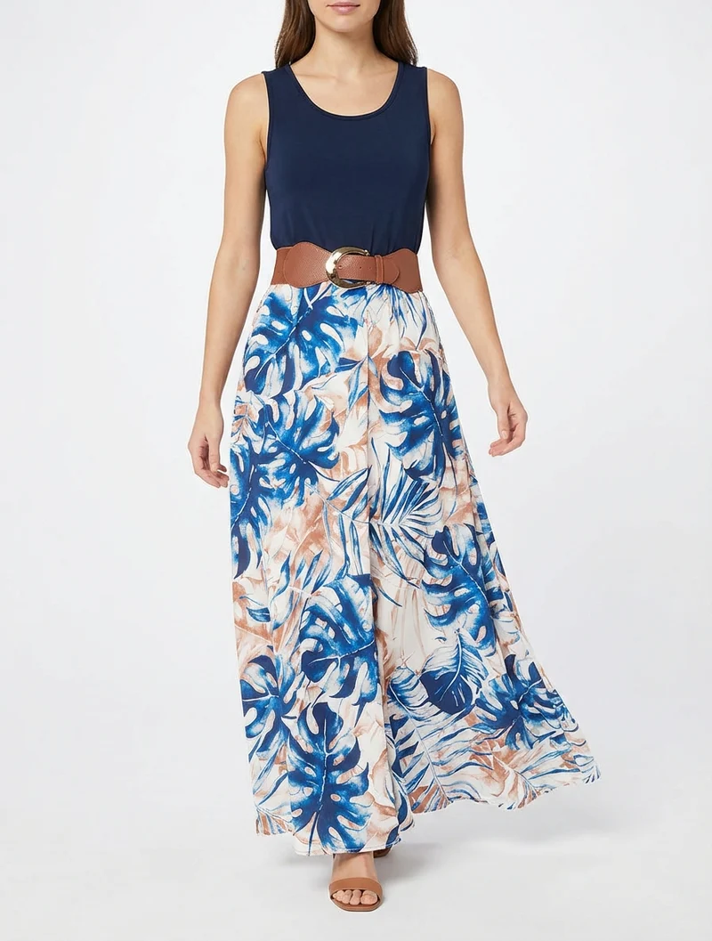 Robe longue à jupe imprimé feuillage - Marine