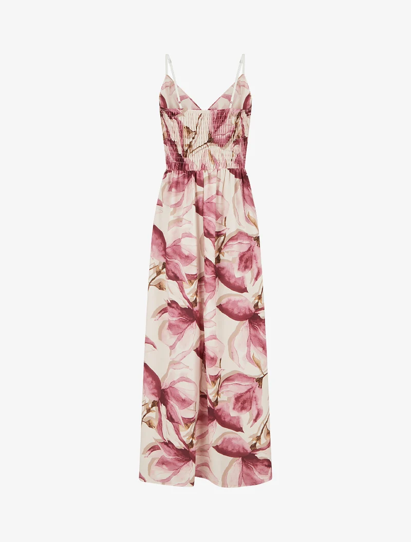 Robe longue à dos élastiqué imprimé fleuri - Vieux rose