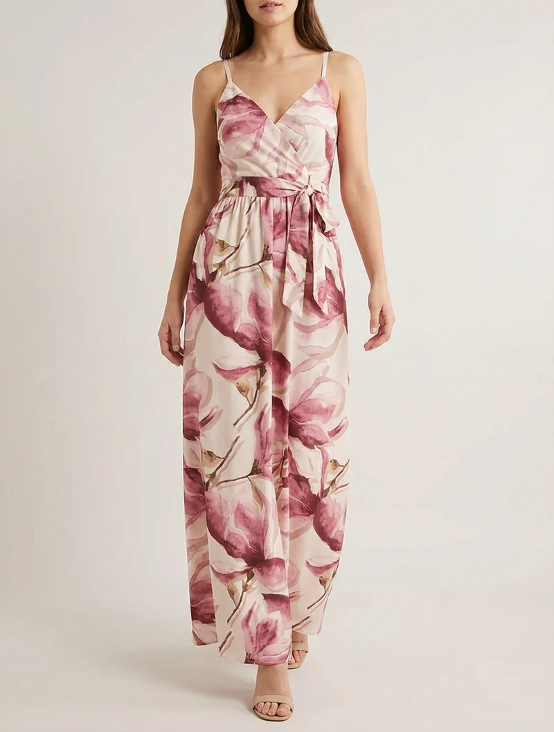 Robe longue à dos élastiqué imprimé fleuri - Vieux rose