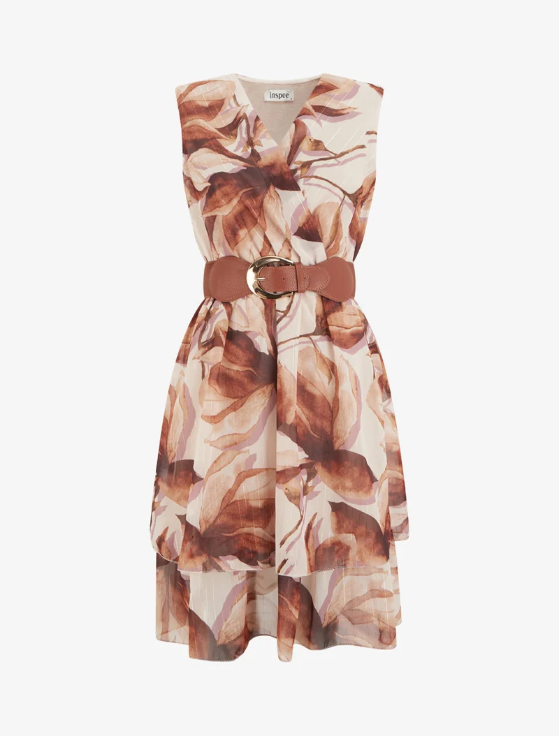 Robe patineuse sans manches imprimé grandes fleurs - Marron