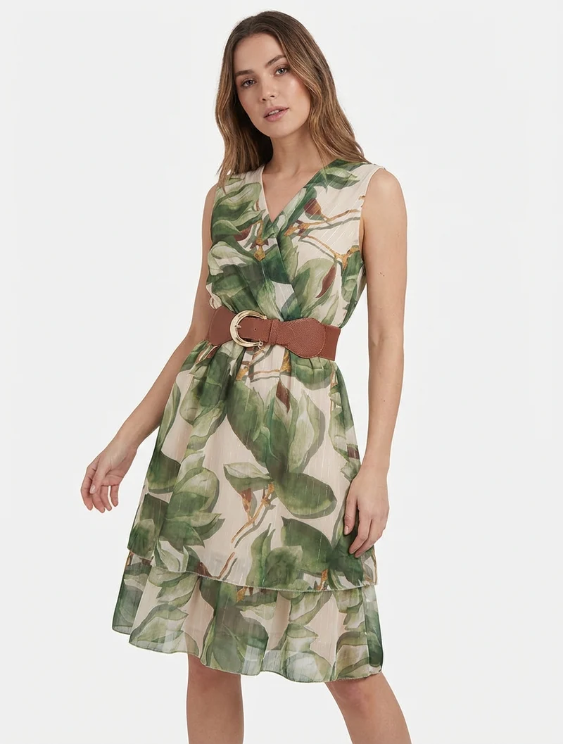 Robe patineuse sans manches imprimé grandes fleurs - Kaki