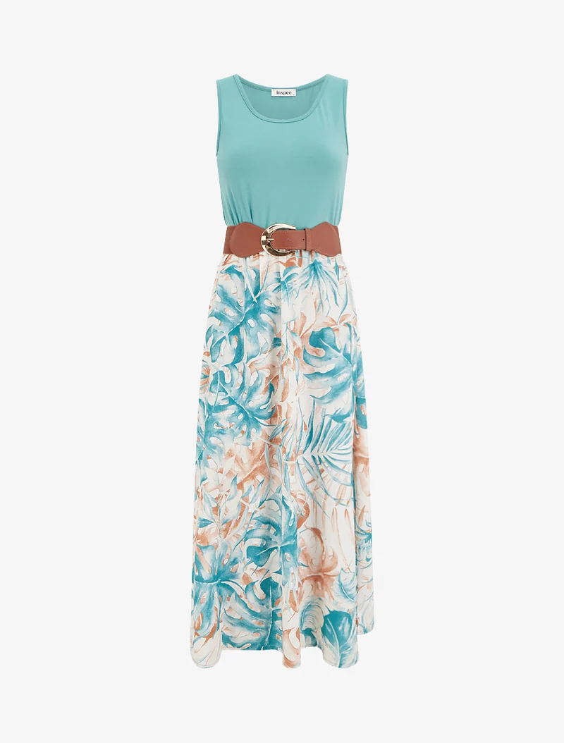Robe longue à jupe imprimé feuillage - Turquoise