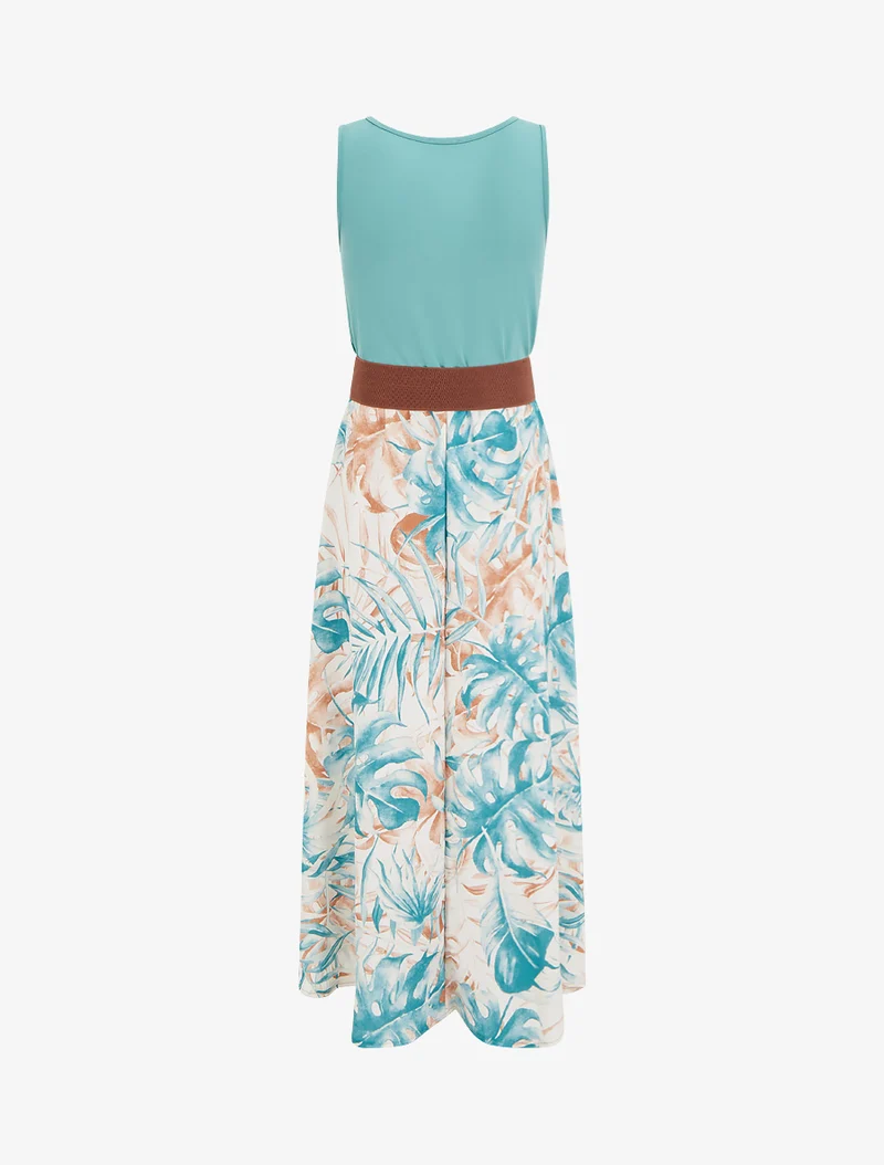 Robe longue à jupe imprimé feuillage - Turquoise