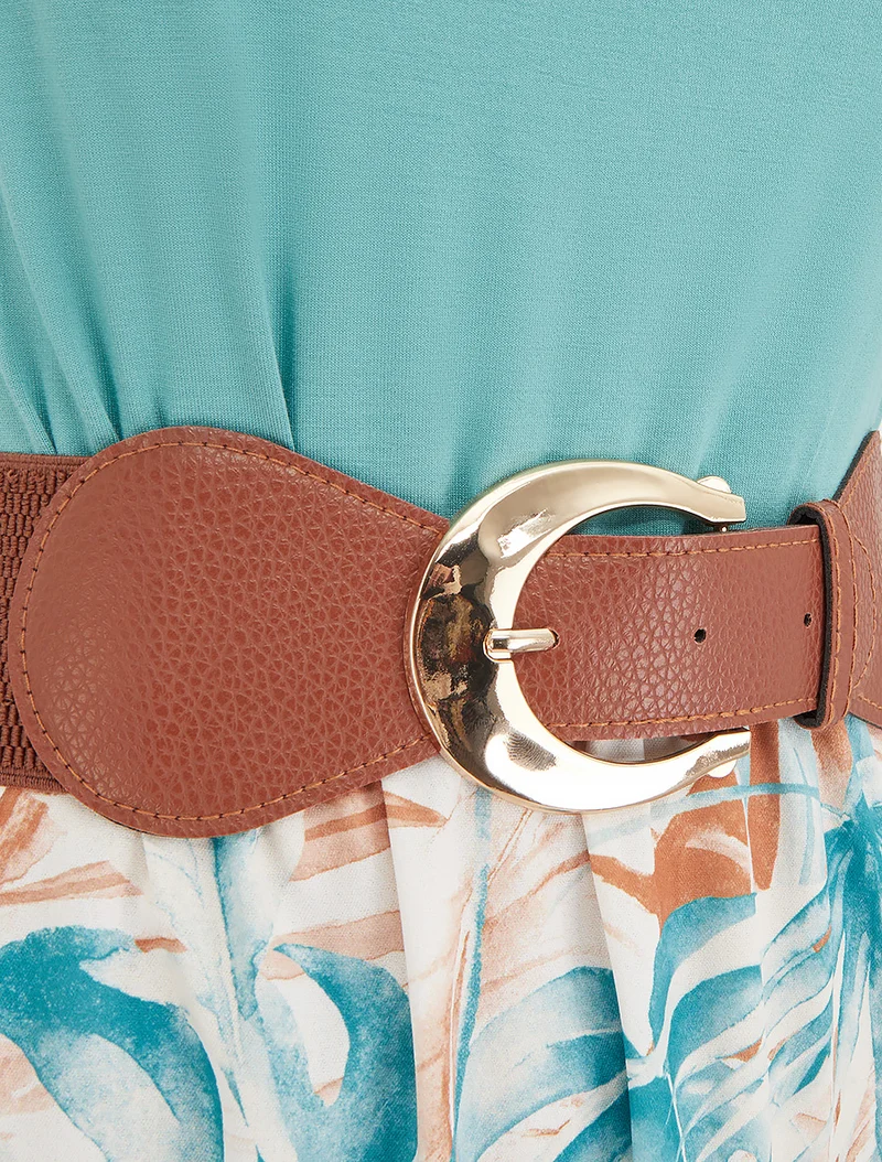 Robe longue à jupe imprimé feuillage - Turquoise