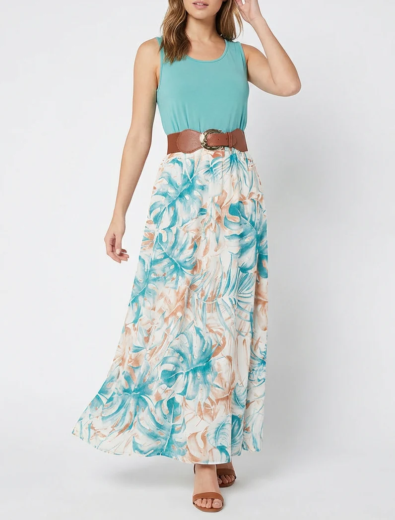 Robe longue à jupe imprimé feuillage - Turquoise