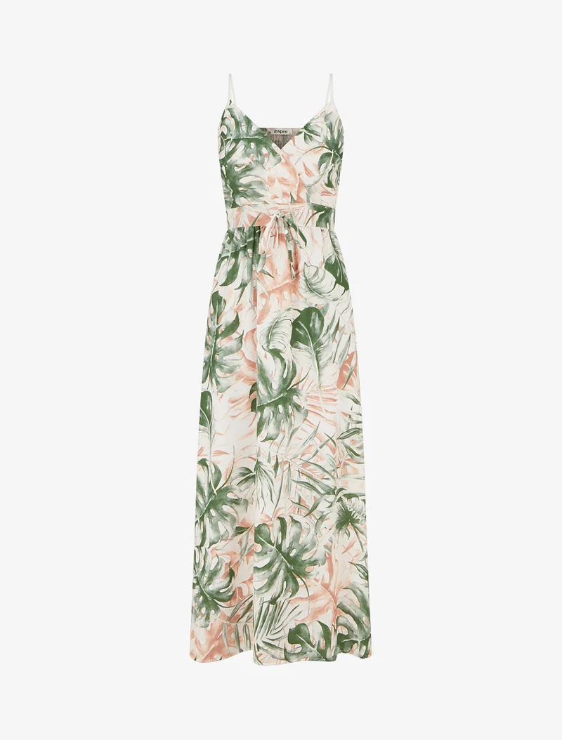 Robe longue à dos élastiqué imprimé feuillage - Kaki