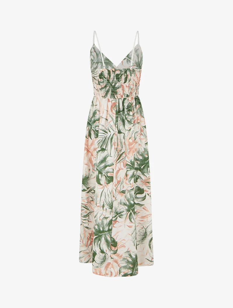 Robe longue à dos élastiqué imprimé feuillage - Kaki