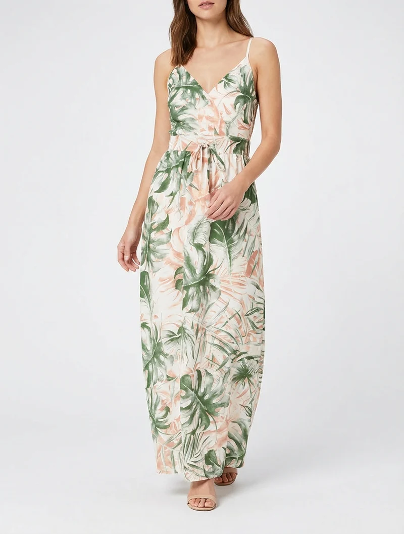 Robe longue à dos élastiqué imprimé feuillage - Kaki