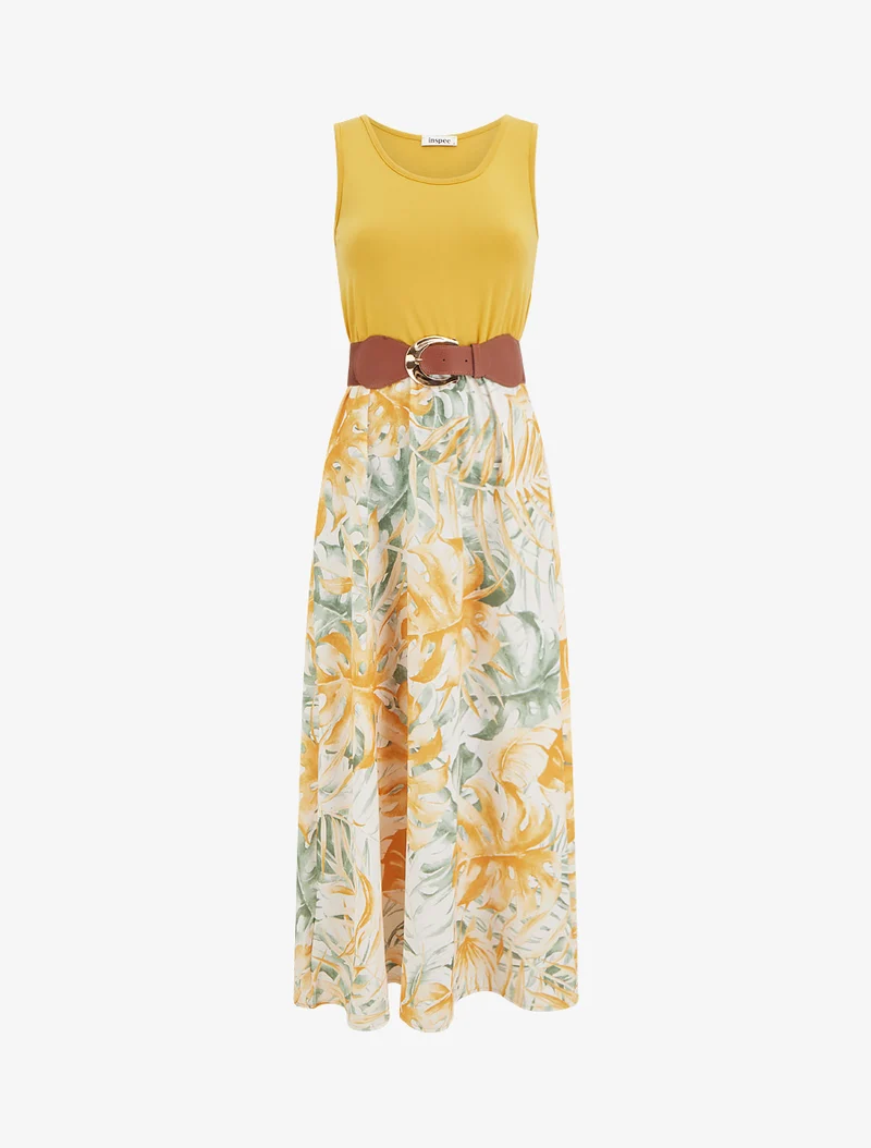 Robe longue à jupe imprimé feuillage - Jaune moutarde