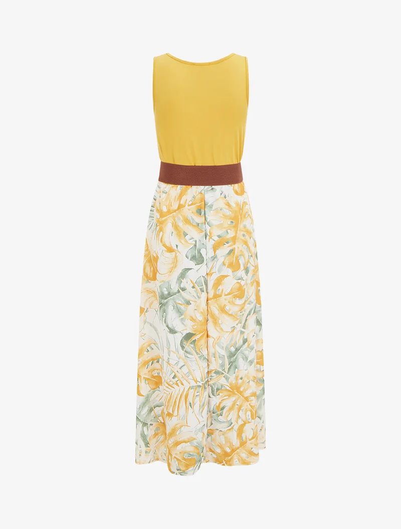 Robe longue à jupe imprimé feuillage - Jaune moutarde