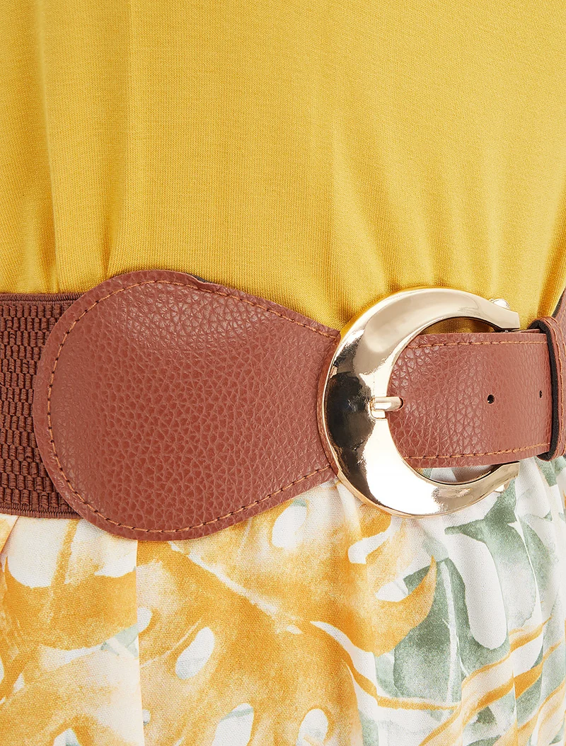 Robe longue à jupe imprimé feuillage - Jaune moutarde