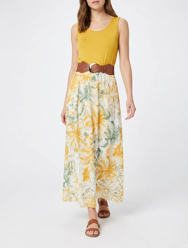 Robe longue à jupe imprimé feuillage - Jaune moutarde