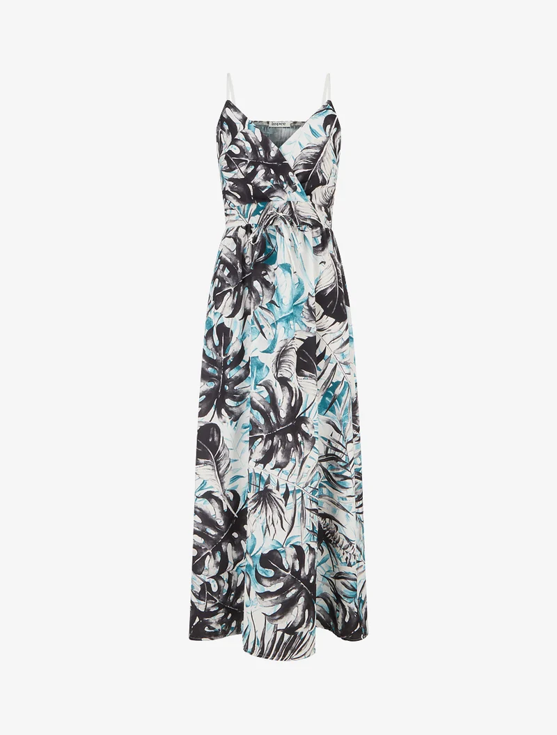 Robe longue à dos élastiqué imprimé feuillage - Noir