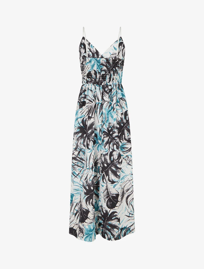 Robe longue à dos élastiqué imprimé feuillage - Noir