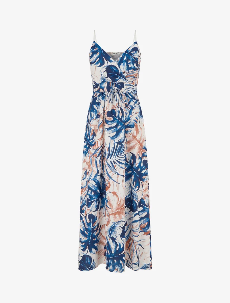 Robe longue à dos élastiqué imprimé feuillage - Marine