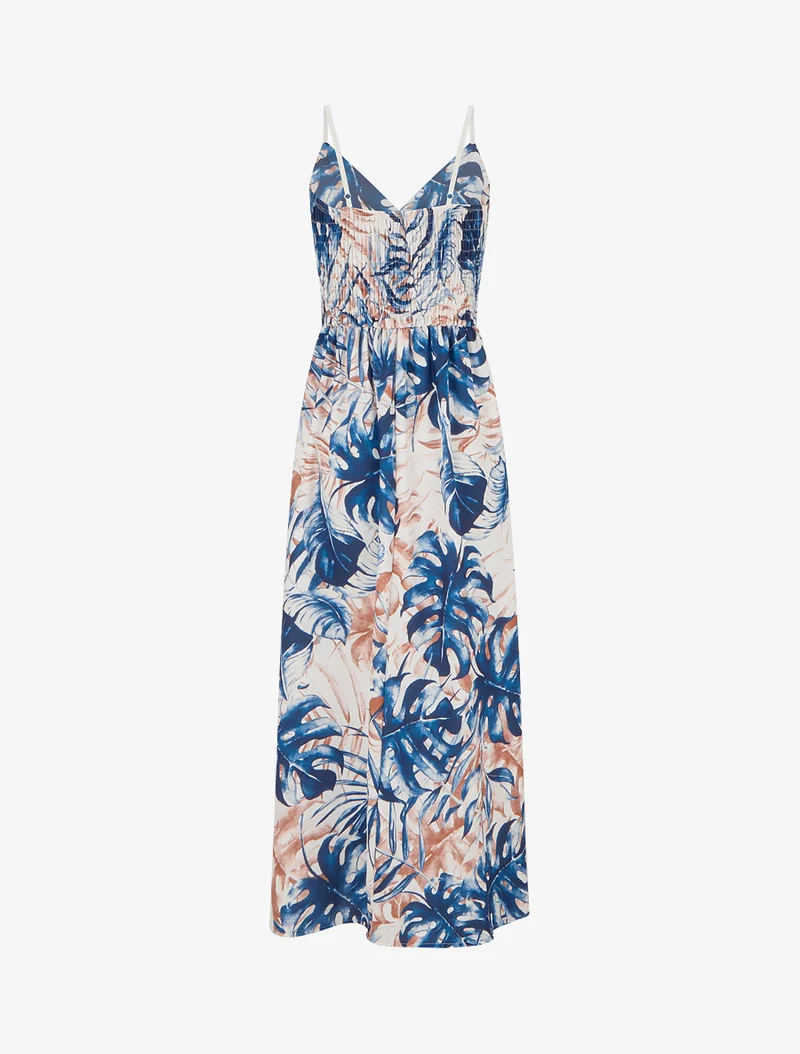 Robe longue à dos élastiqué imprimé feuillage - Marine
