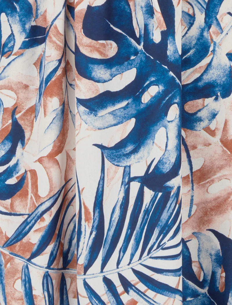 Robe longue à dos élastiqué imprimé feuillage - Marine