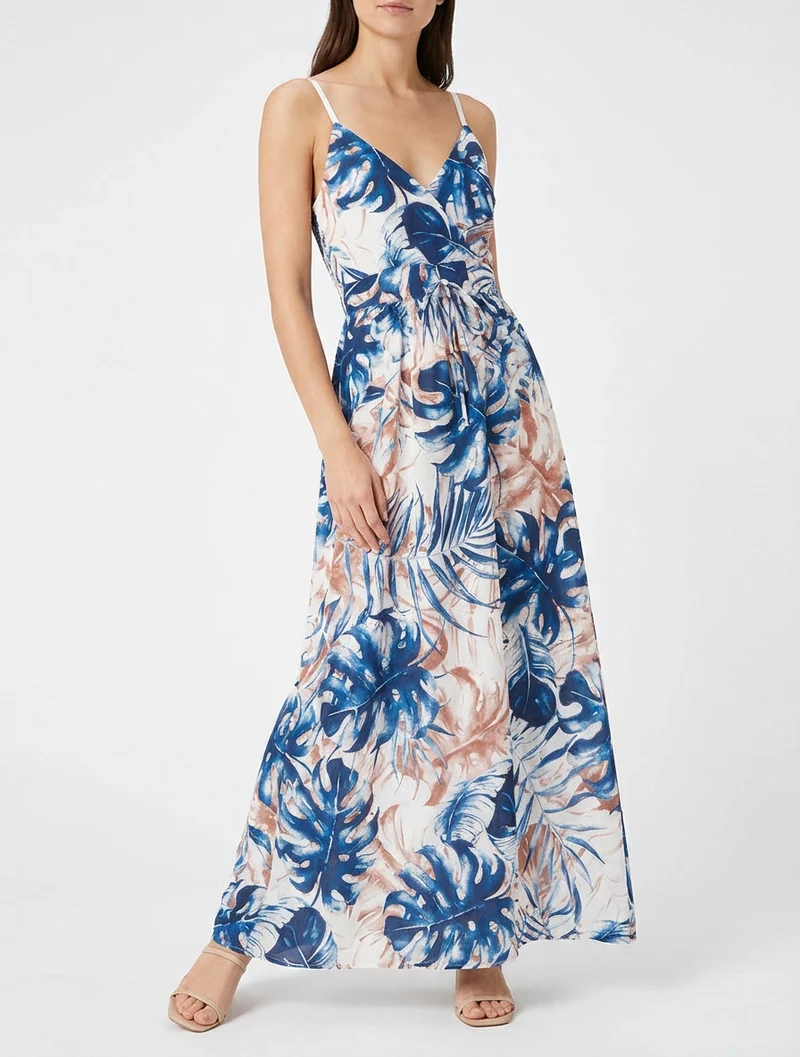 Robe longue à dos élastiqué imprimé feuillage - Marine