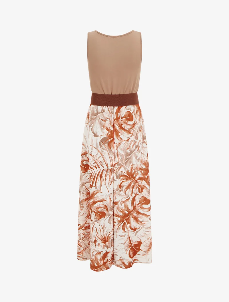 Robe longue à jupe imprimé feuillage - Camel