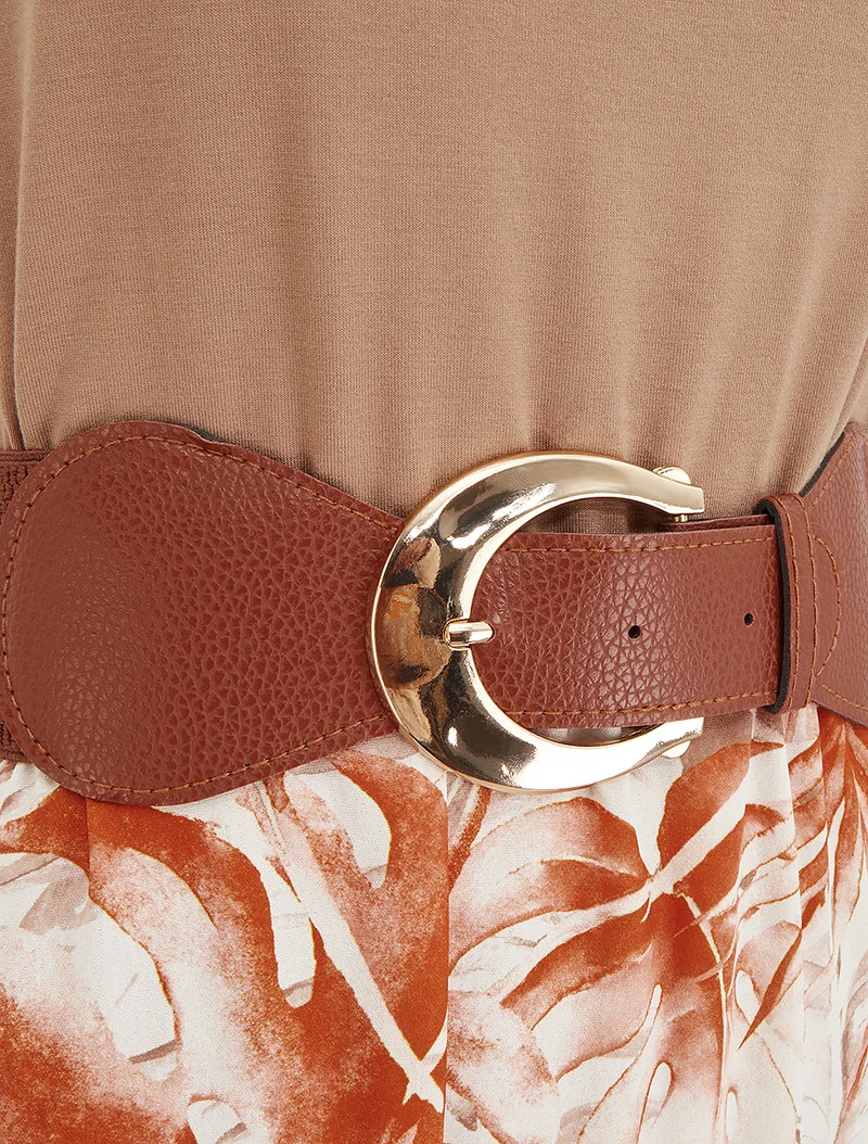Robe longue à jupe imprimé feuillage - Camel