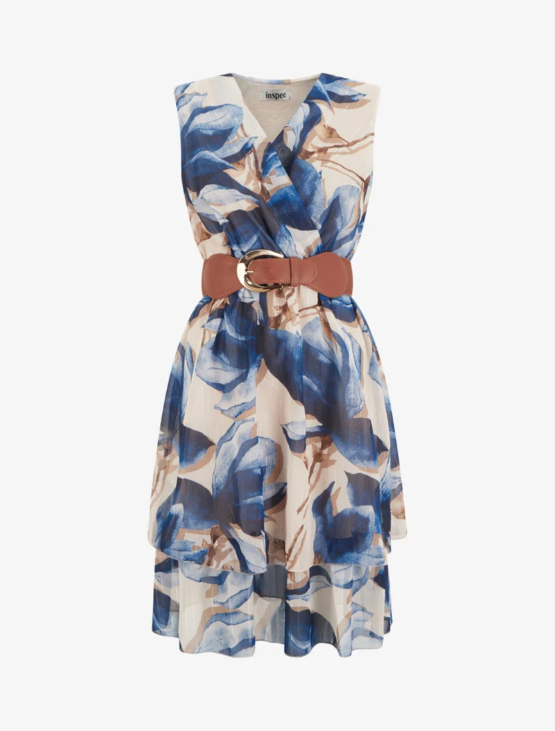 Robe patineuse sans manches imprimé grandes fleurs - Marine