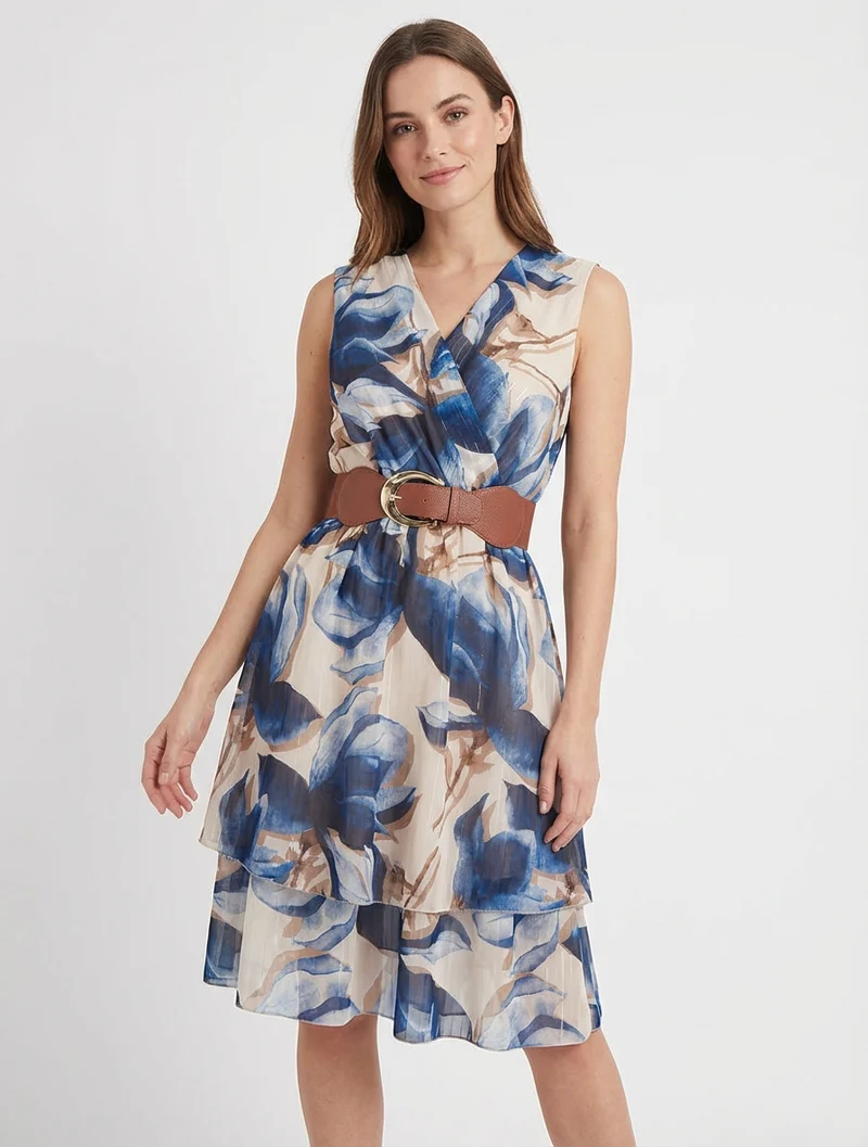 Robe patineuse sans manches imprimé grandes fleurs - Marine
