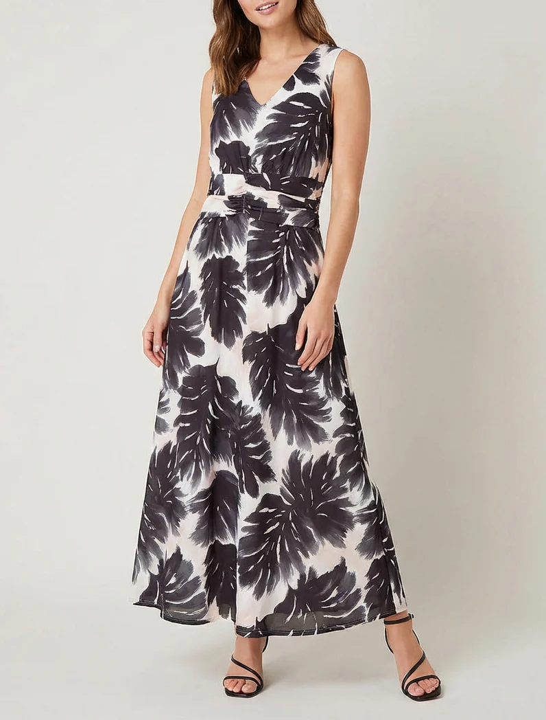 Robe imprimé feuillage à taille élastiquée - Noir