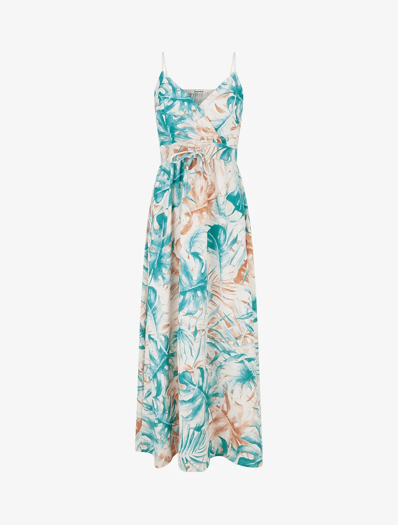 Robe longue à dos élastiqué imprimé feuillage - Turquoise