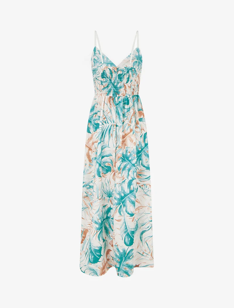 Robe longue à dos élastiqué imprimé feuillage - Turquoise