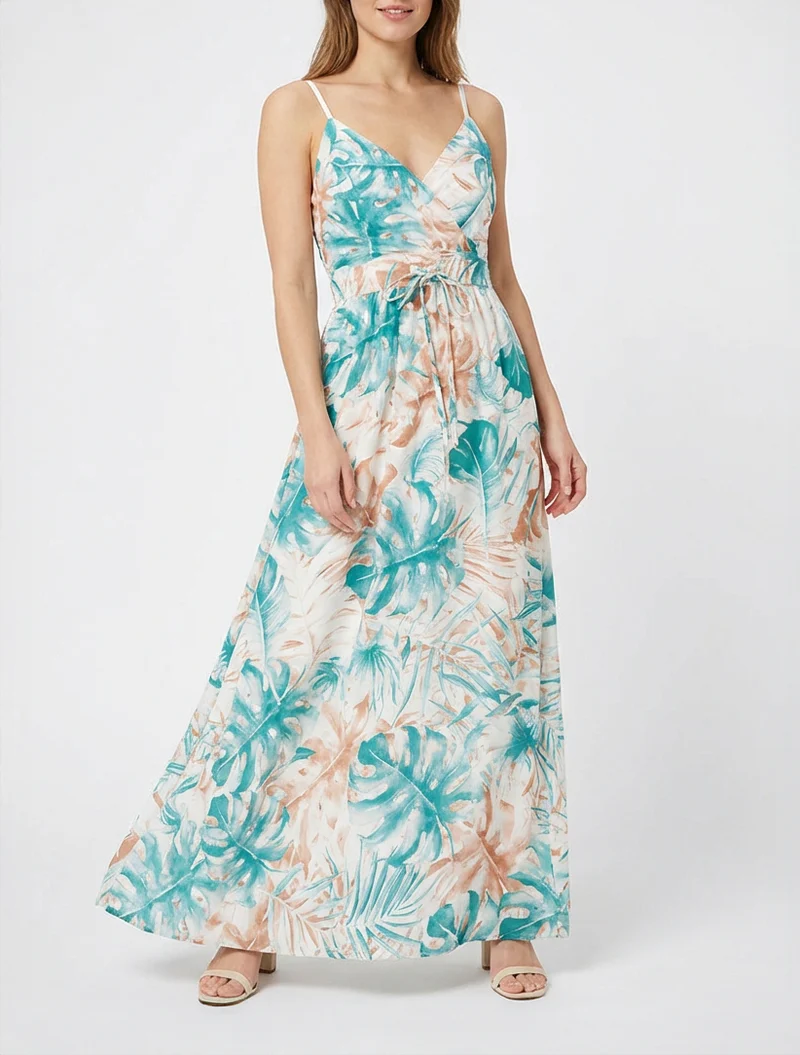 Robe longue à dos élastiqué imprimé feuillage - Turquoise