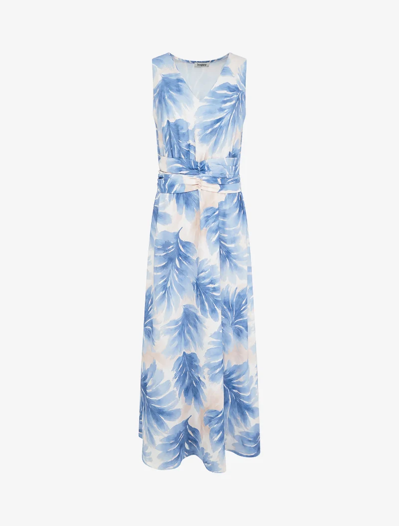 Robe imprimé feuillage à taille élastiquée - Bleu ciel