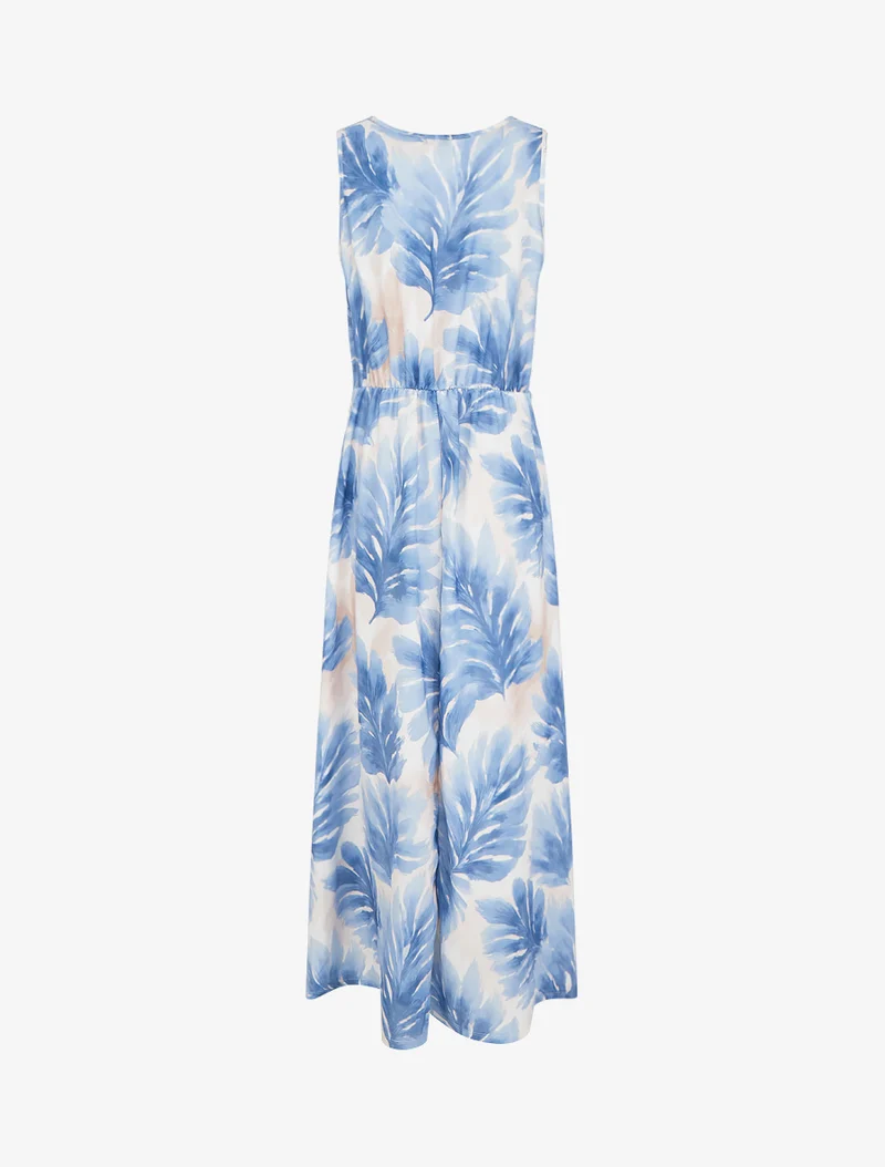 Robe imprimé feuillage à taille élastiquée - Bleu ciel
