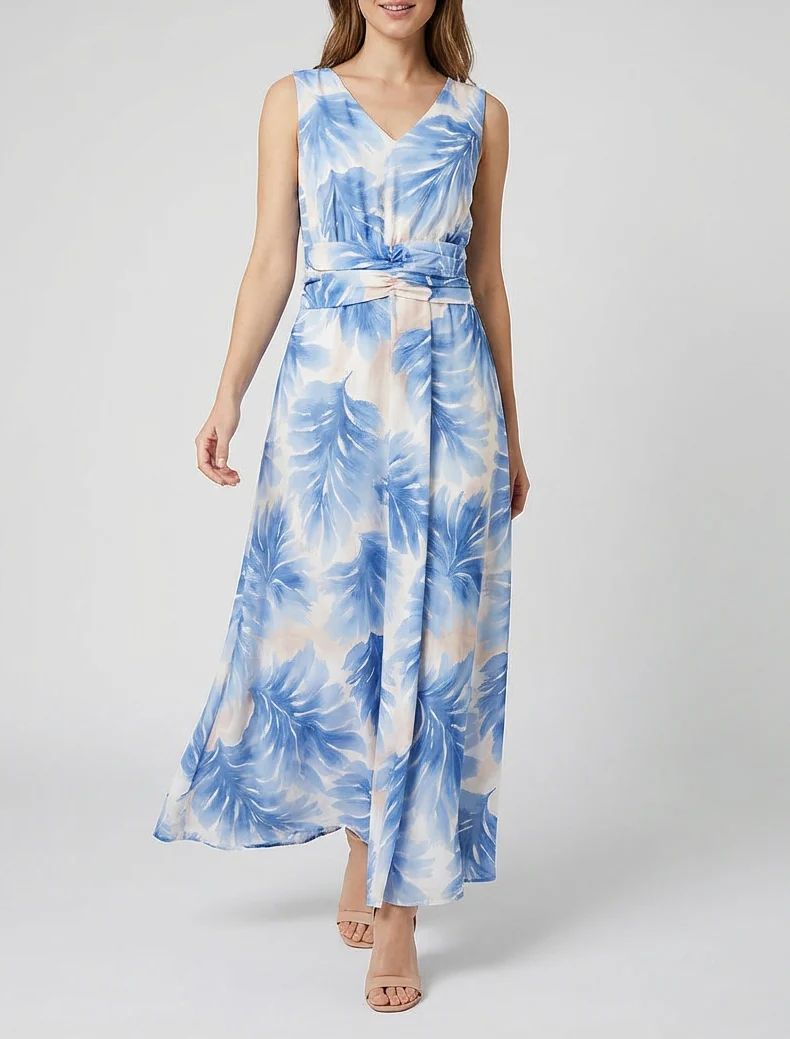 Robe imprimé feuillage à taille élastiquée - Bleu ciel