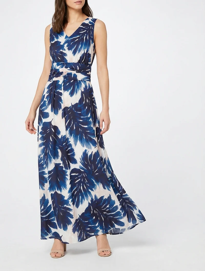 Robe imprimé feuillage à taille élastiquée - Marine