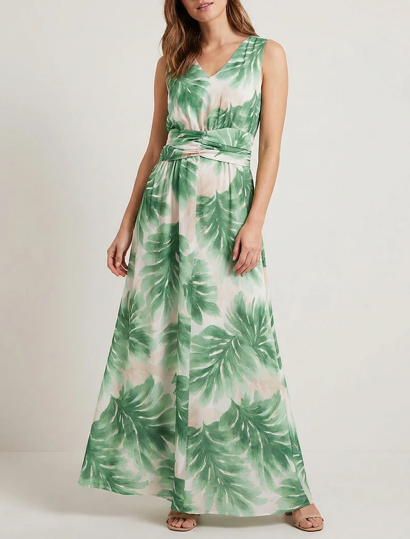 Robe imprimé feuillage à taille élastiquée - Vert