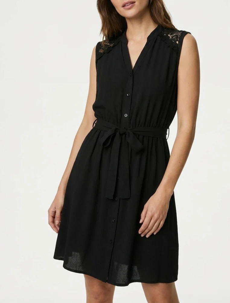 Robe mi-longue boutonnée sans manches - Noir