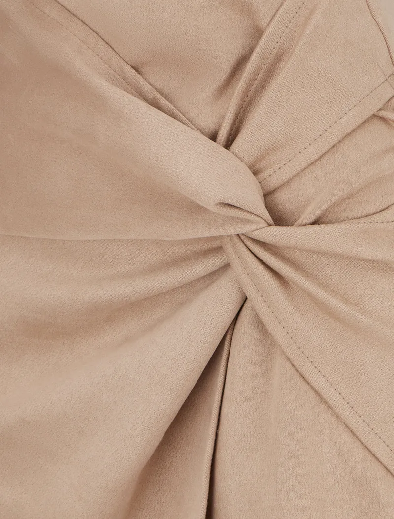 Jupe droite en suédine effet torsadé - Beige