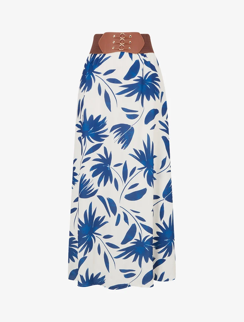 Jupe longue imprimé floral à taille fantaisie - Bleu foncé