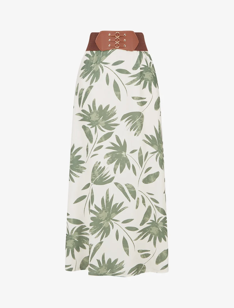Jupe longue imprimé floral à taille fantaisie - Kaki
