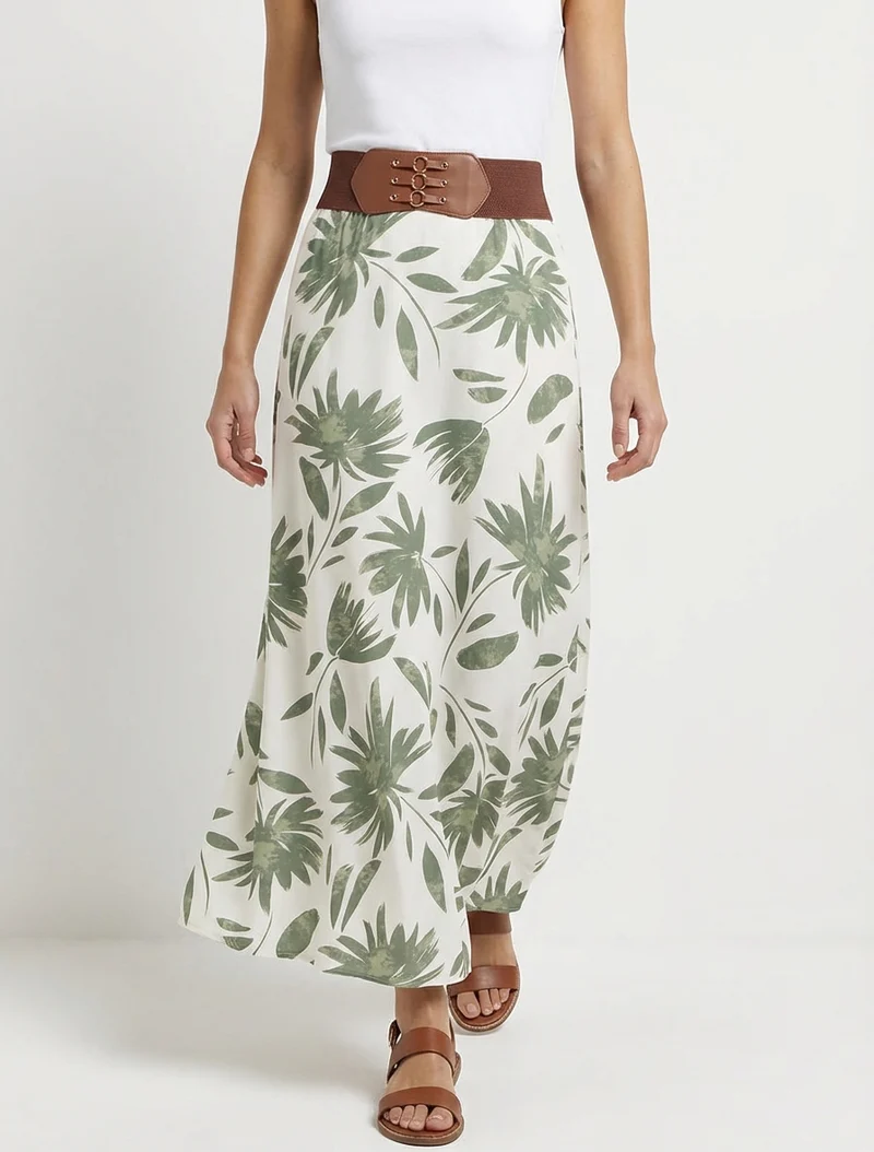 Jupe longue imprimé floral à taille fantaisie - Kaki